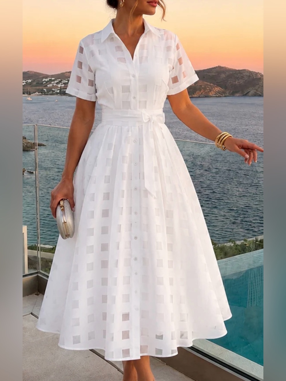 Elegant Sheer Plaid White Short-Sleeve Shirt Dress with Belt. Double Layer Swing